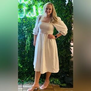 White Midi Dress with Puff Sleeves, Size 6